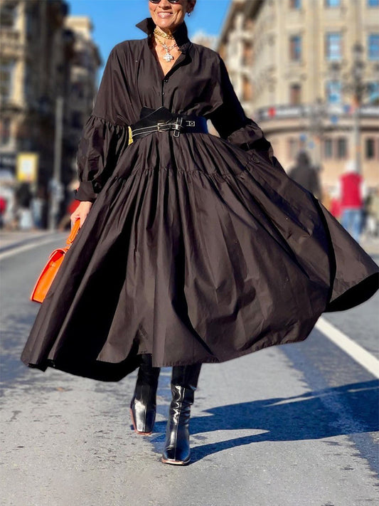 Long Sleeves Loose Buttoned Solid Color Lapel Maxi Dresses