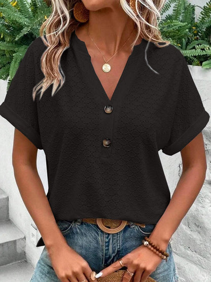 Loose Plus Size Buttoned Jacquard Split-Joint V-Neck T-Shirts Tops