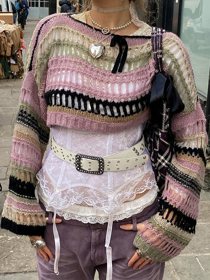 Long Sleeves Loose Drawstring Hollow Split-Joint Round-Neck Sweater Tops