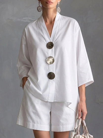 Loose Three-Quarter Sleeves Buttoned Pockets Solid Color V-Neck Blouse Top + Shorts Bottom Two Pieces Set