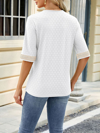 Loose Short Sleeves Contrast Color Hollow Split-Joint V-Neck T-Shirts Tops