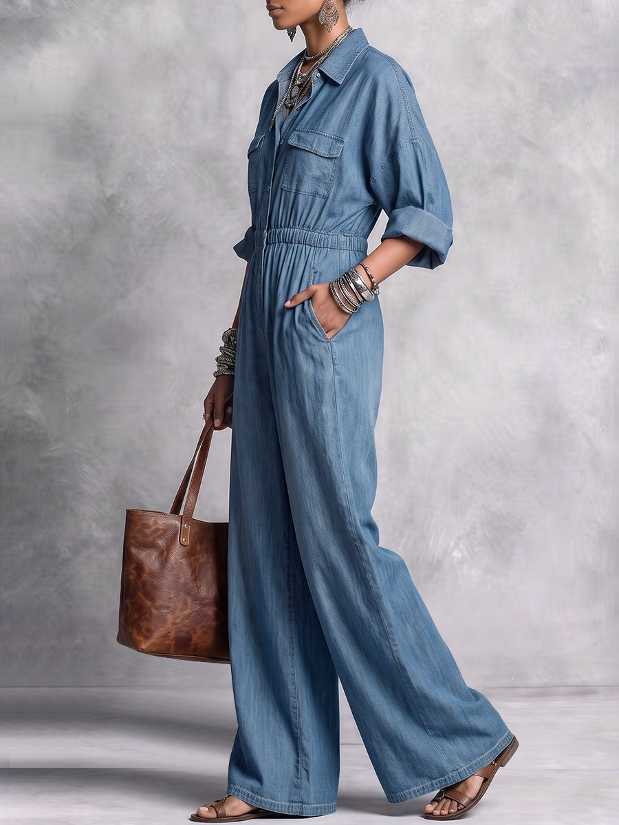 Solid Color Pockets Elasticity Buttoned Wide Leg Three-quarter Sleeves Lapel Jumpsuits
