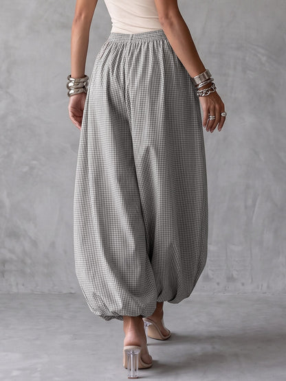 Pockets Plaid Elasticity Drawstring Wide Leg Loose Trousers Pants