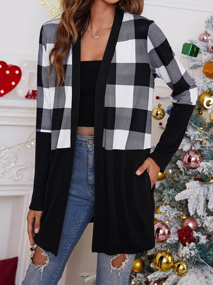 Long Sleeves Loose Plaid Collarless Outerwear