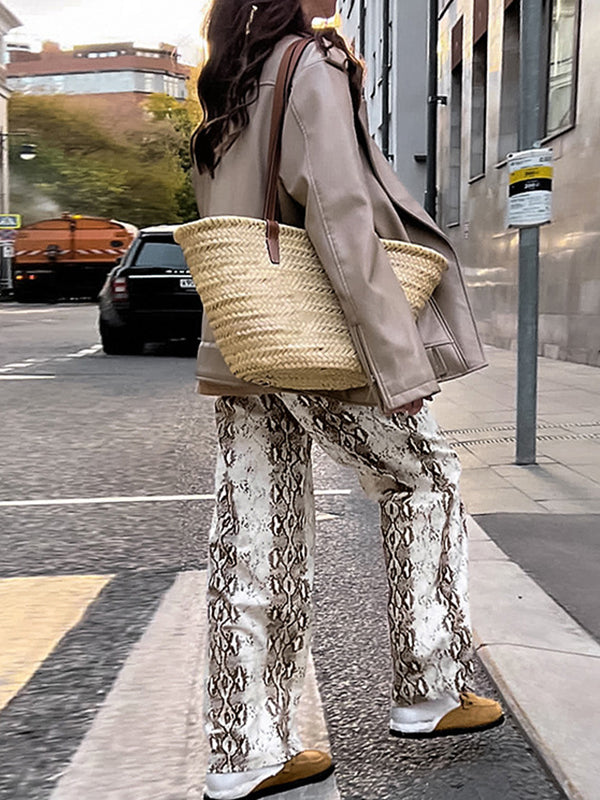 High Waisted Loose Elasticity Pockets Snakeskin Printed Pants Trousers