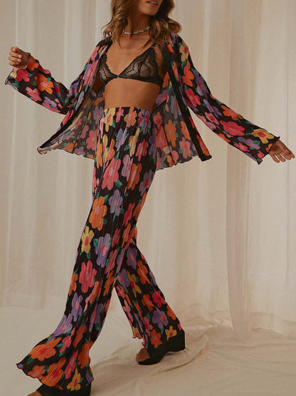 Long Sleeves Loose Buttoned Flower Print Pleated Lapel Shirts Top + Elasticity Pants Bottom Two Pieces Set