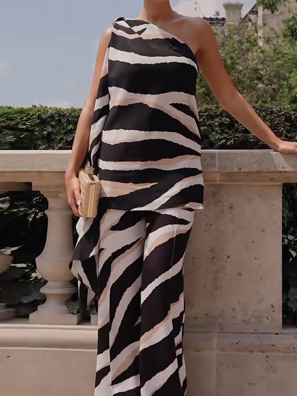 Loose Sleeveless Asymmetric Zebra-Stripe One-Shoulder Vest Top