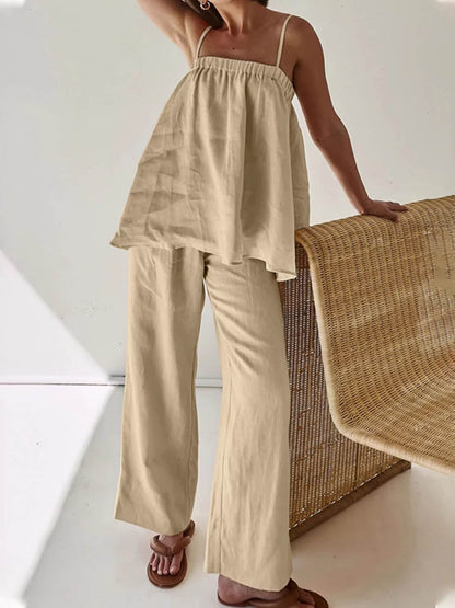 High Waisted Loose Elasticity Solid Color Spaghetti-Neck Vest Top +Pants Bottom Suits