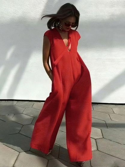 Loose Wide Leg Pockets Solid Color Streamer Deep V-Neck Jumpsuits