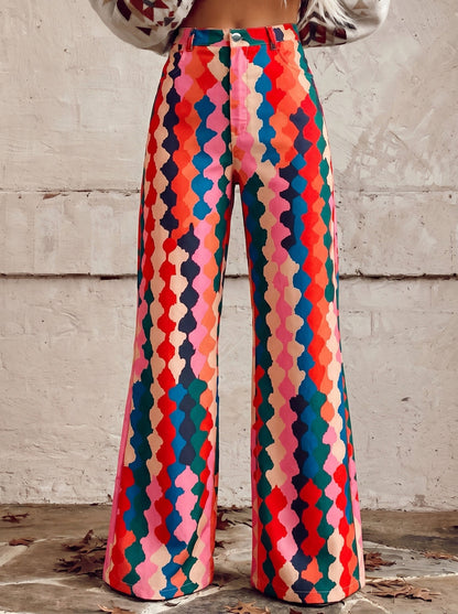 High Waisted Plus Size Buttoned Pockets Printed Pants Trousers