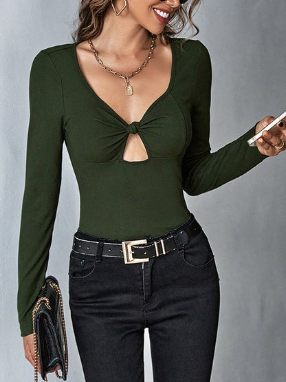 Long Sleeves Skinny Hollow Knot Solid Color Deep V-Neck T-Shirts Tops