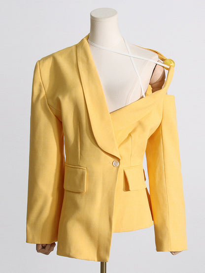 Long Sleeves Loose Asymmetric Buttoned Hollow Solid Color Tied Asymmetric Collar Blazer