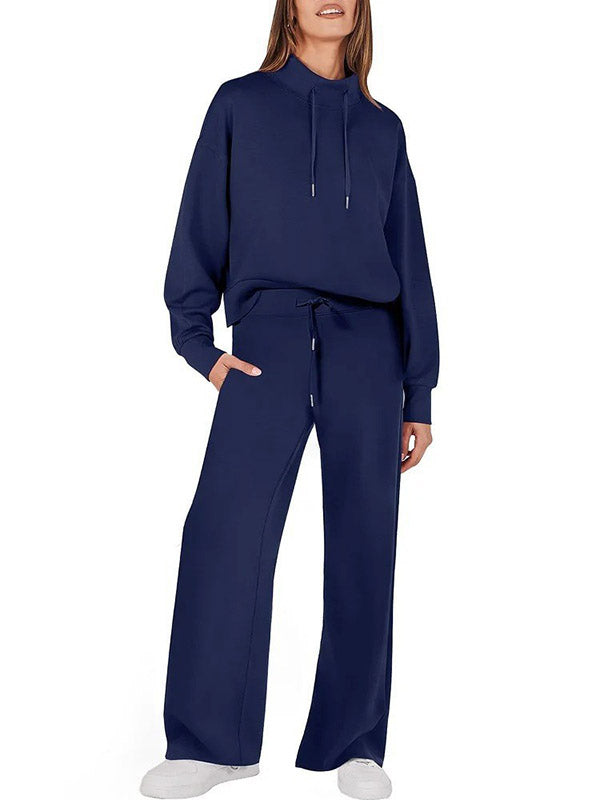 High Waisted Long Sleeves Drawstring Split-Joint Sweatshirt + Pants/Trousers Two Pieces Set