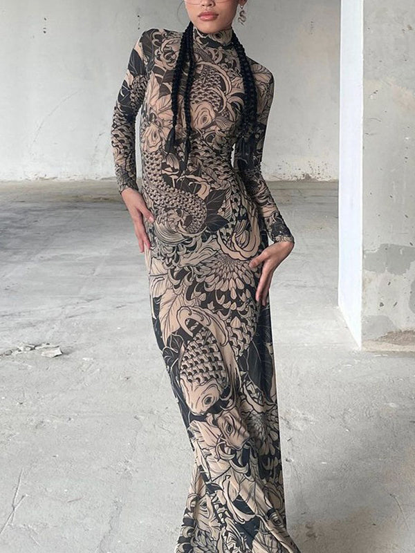 Long Sleeves Skinny Printed See-Through Split-Joint High Neck Evening Dresses Maxi Dresses