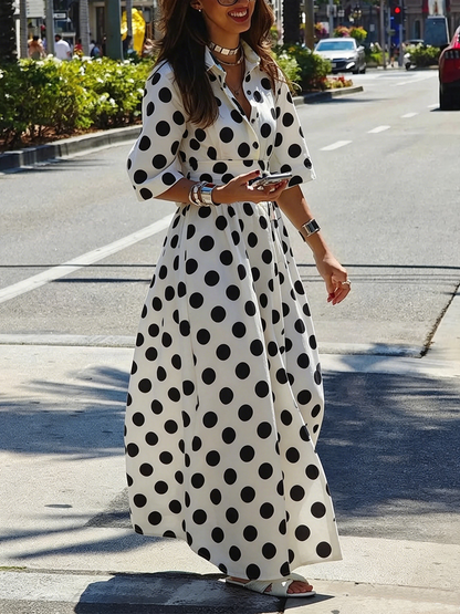 A-Line Half Sleeves Buttoned Contrast Color Elasticity Polka Dot Lapel Maxi Dresses Shirt Dress