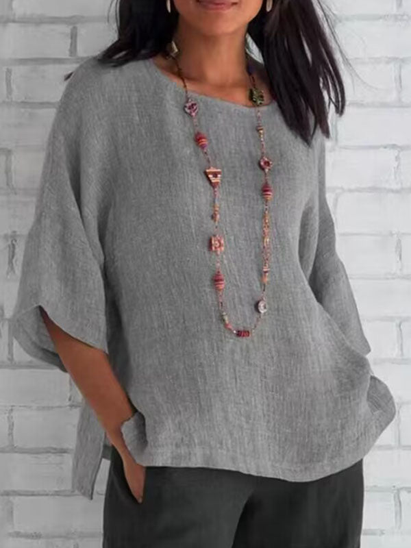 Linen Three-Quarter Sleeves Solid Color Split-Joint Split-Side Round-Neck T-Shirts Tops