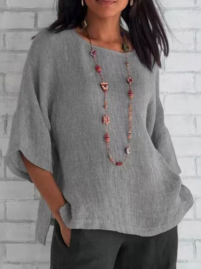 Linen Three-Quarter Sleeves Solid Color Split-Joint Split-Side Round-Neck T-Shirts Tops