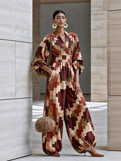 Zipper Pockets Pleated Elasticity Contrast Color Color-Block Wide Leg Loose V-neck Jumpsuits