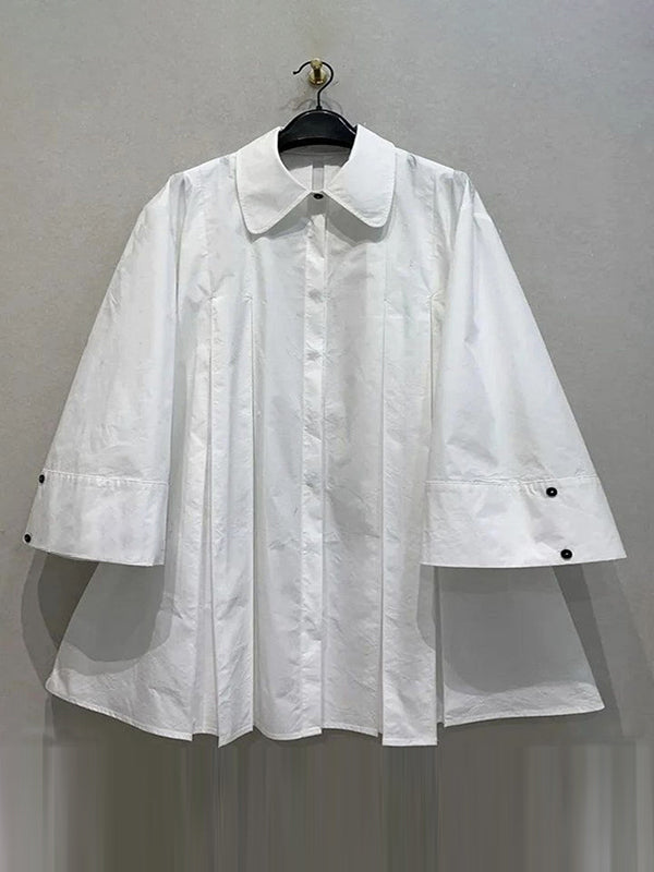 Long Sleeves Buttoned Pleated Solid Color Lapel Midi Dresses Shirt Dress