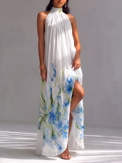 Split-Joint Printed Pleated Contrast Color Sleeveless Loose Stand Collar Maxi Dresses