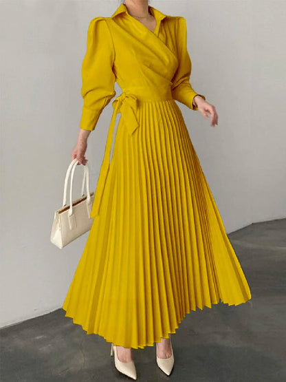 Asymmetric Pleated Solid Color Lapel Maxi Dresses Shirt Dress