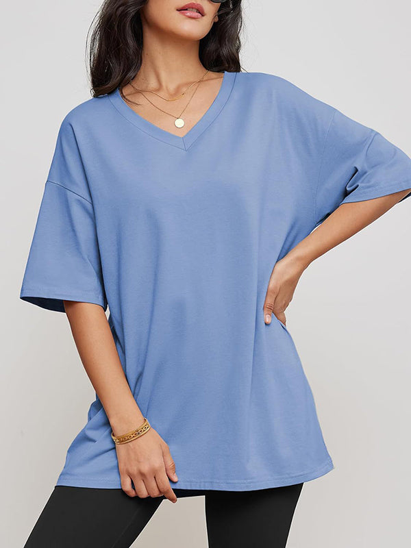 Short Sleeves Solid Color Split-Joint V-Neck T-Shirts