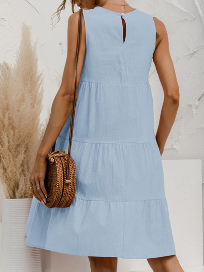 A-Line Loose Pleated Solid Color Split-Joint Round-Neck Mini Dresses