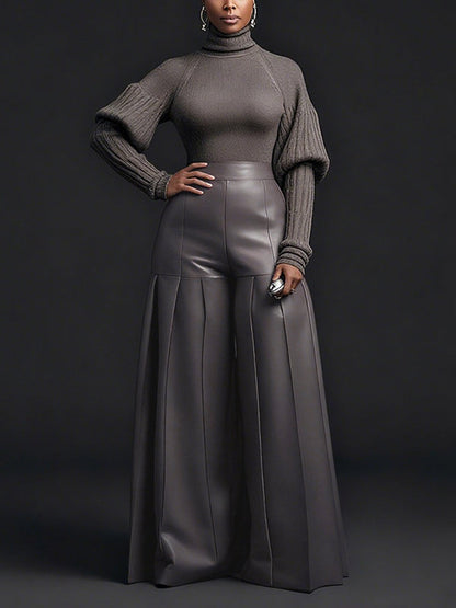 High Waisted Elasticity Pleated Pockets Solid Color Zipper Wide Leg Pants