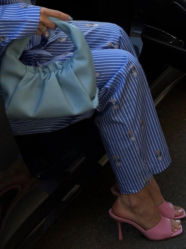 Long Sleeves Buttoned Cartoon Printed Contrast Color Striped Lapel Blouses Tops + Tied Waist High Waisted Pants Bottom Two Pieces Set