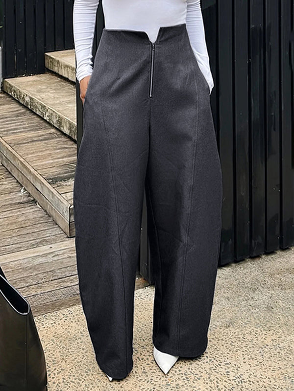 Loose Pockets Solid Color Zipper Pants Trousers