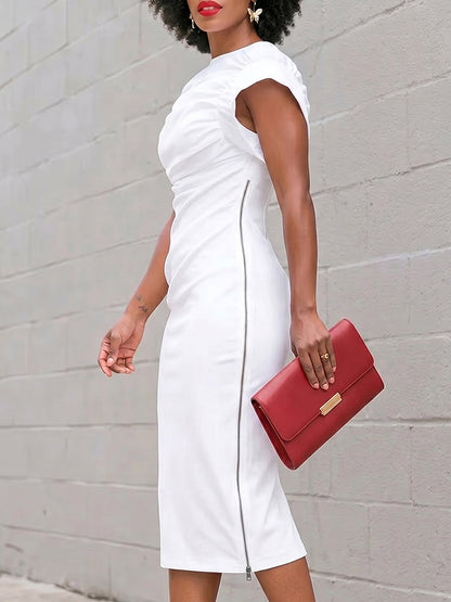 Bodycon Cap Sleeve Pleated Solid Color Zipper Round-Neck Midi Dresses