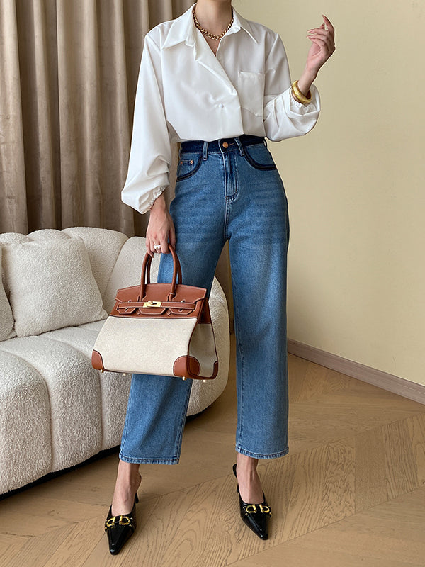 Bishop Sleeve Long Sleeves Buttoned Pockets Solid Color Split-Joint Polo Blouses&Shirts Tops