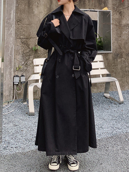 Long Sleeves Loose Buckle Buttoned Solid Color Split-Back Lapel Trench Coats