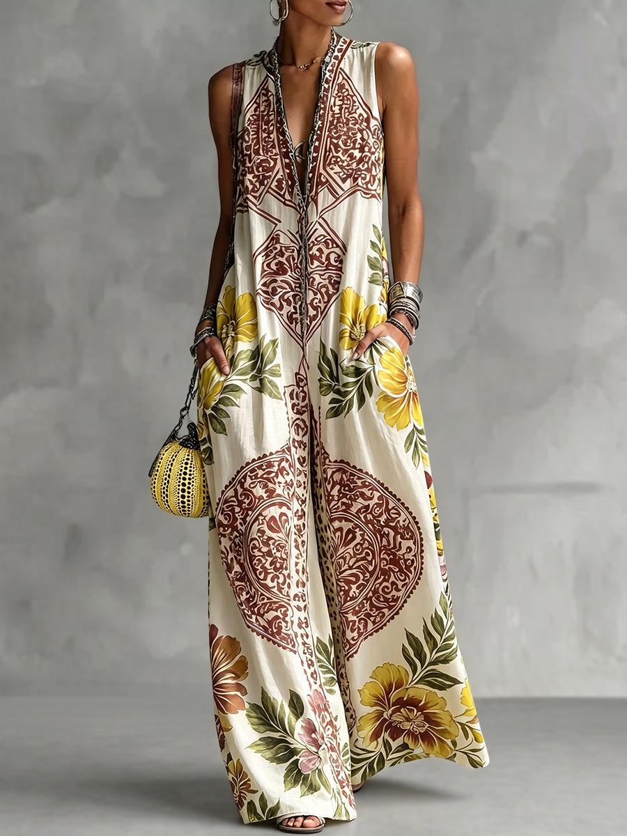 Loose Sleeveless Contrast Color Flower Print Pockets Deep V-Neck Jumpsuits