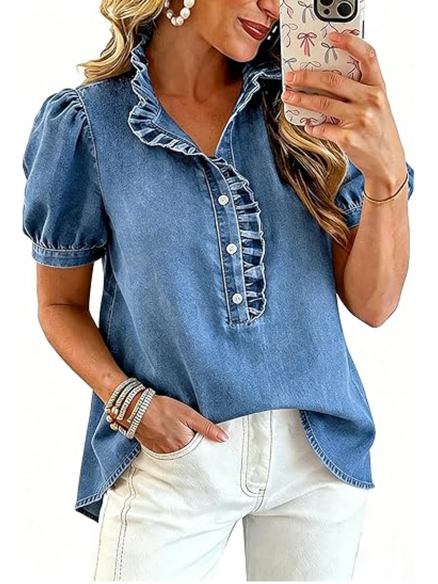 Split-Joint Solid Color Ruffled Pleated Buttoned Short Sleeves Stand Collar Blouses&shirts Tops
