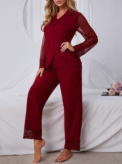Long Sleeves Loose Gauze See-Through Solid Color Split-Joint Lapel Pajamas Two Pieces Set