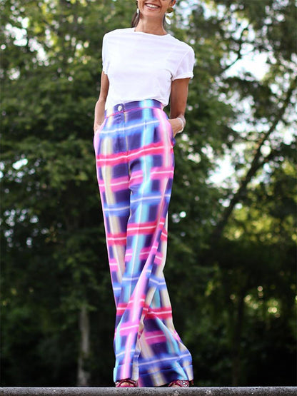 Loose Contrast Color Plaid Casual Pants Bottoms
