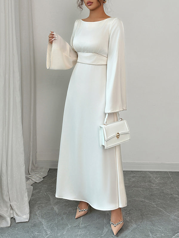A-Line Flared Sleeves Solid Color Tied Zipper Round-Neck Maxi Dresses