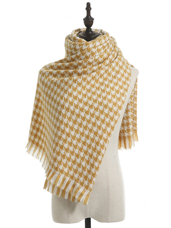 Fringed Houndstooth Keep Warm Shawl&Scarf
