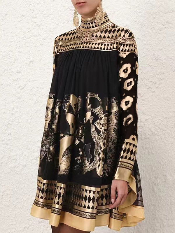 A-Line Long Sleeves Bronzing Printed Split-Joint Mock Neck Mini Dresses