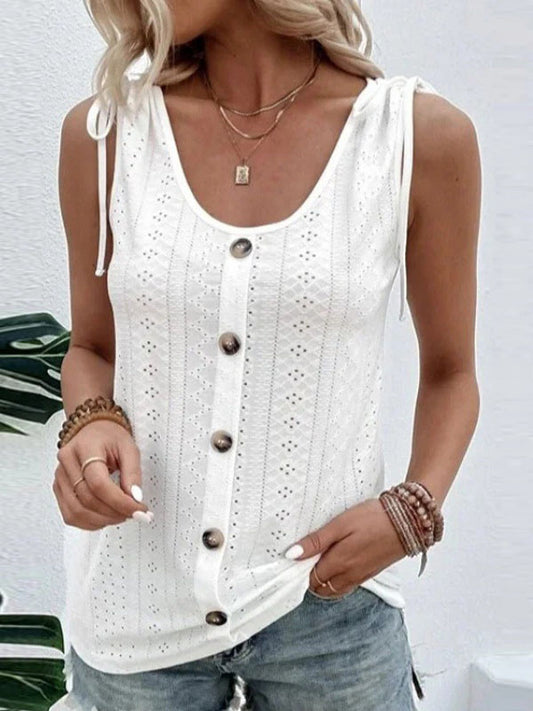 Loose Plus Size Buttoned Hollow Pleated Split-Joint Tied U-neck Vest Top