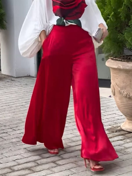 High Waisted Loose Pockets Solid Color Pants Trousers