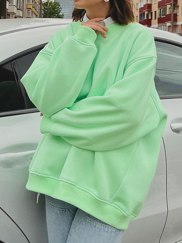 Long Sleeves Loose Solid Color Round-Neck Sweatshirt Tops