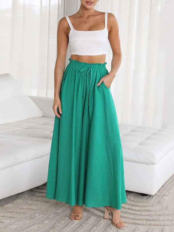 High Waisted Loose Drawstring Elasticity Pockets Solid Color Pants Trousers