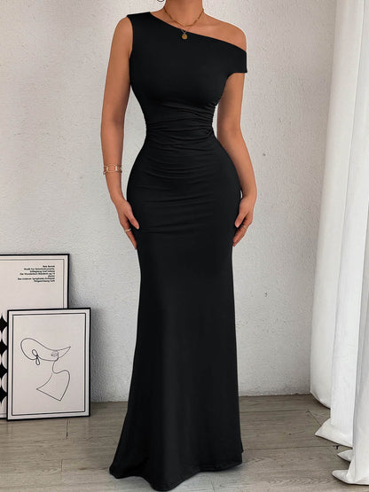 Bodycon High Waisted Asymmetric Pleated Solid Color Split-Side One-Shoulder Maxi Dresses