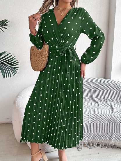 High Waisted Long Sleeves Pleated Polka Dot Tied Waist V-Neck Maxi Dresses Shirt Dress