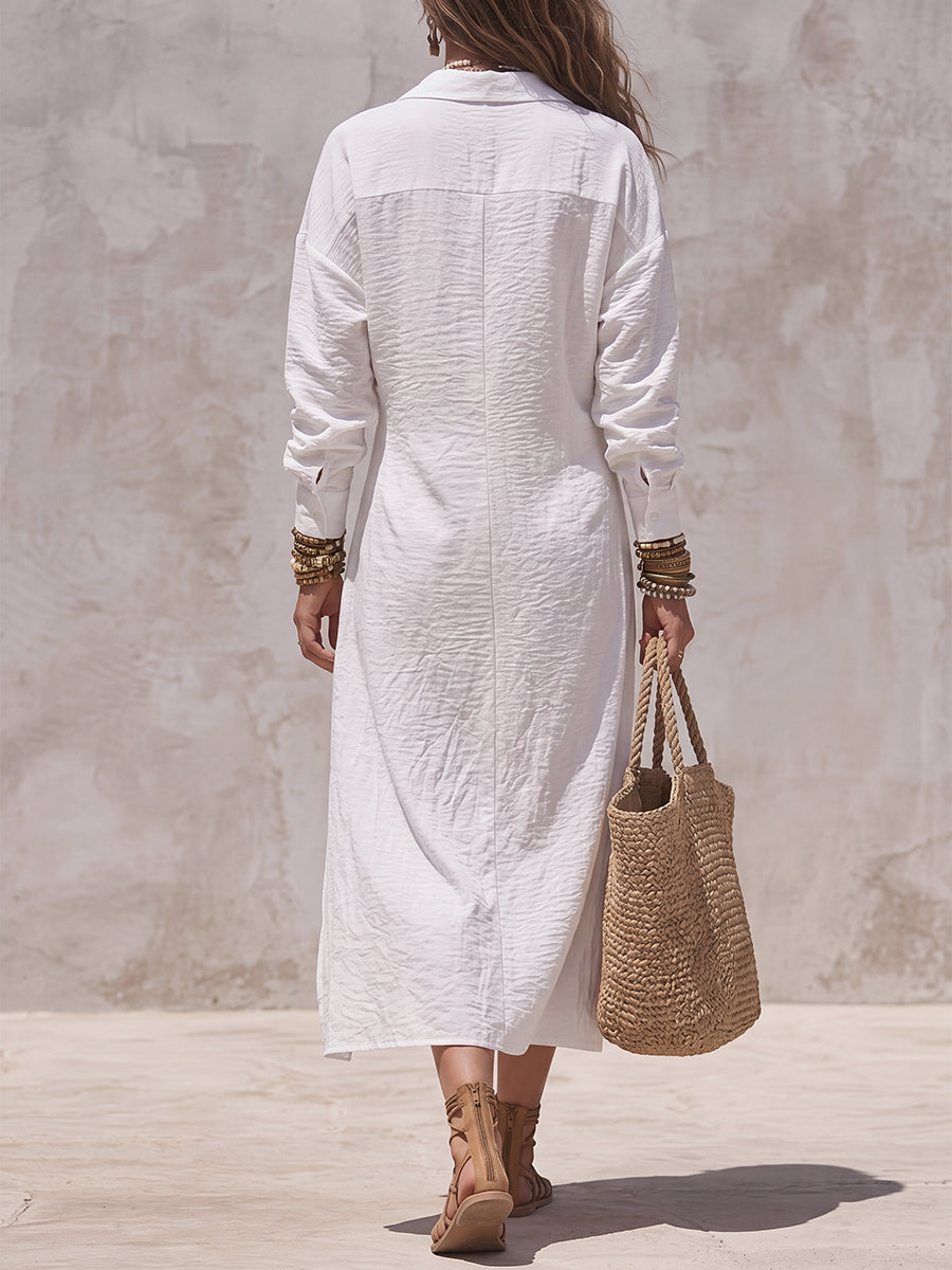 Solid Color Pockets Knot Long Sleeves Lapel Midi Dresses