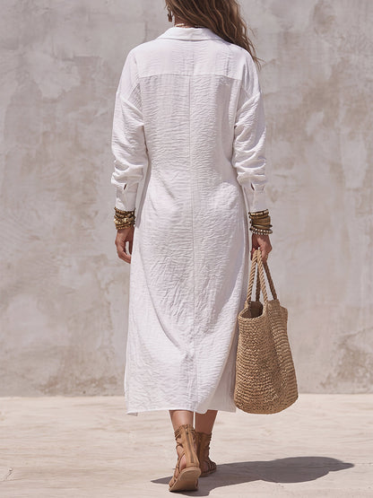 Solid Color Pockets Knot Long Sleeves Lapel Midi Dresses