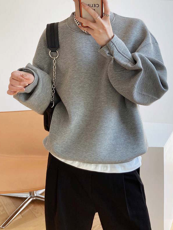 Long Sleeves Loose Solid Color Round-Neck Sweatshirt Tops