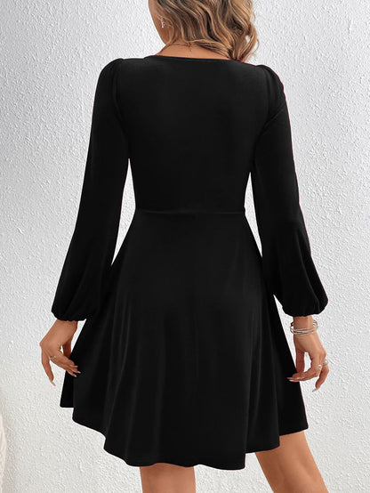 A-Line High Waisted Knot Pleated Solid Color Split-Joint Velvet Deep V-Neck Mini Dresses